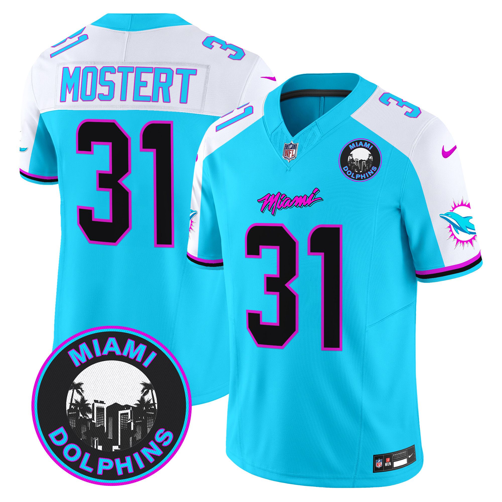 Men Miami Dolphins 31 Mostert Light Blue 2024 Nike Vapor Limited NFL Jersey